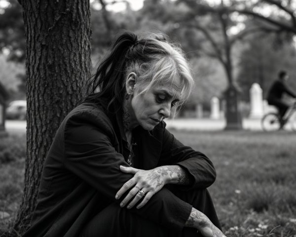 Woman with Two-Toned Hair in Serene Cemetery Setting