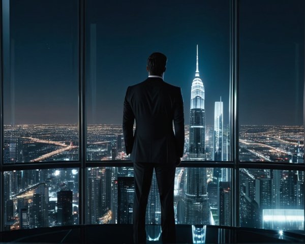 Silhouette of a Man Against a City Skyline at Night