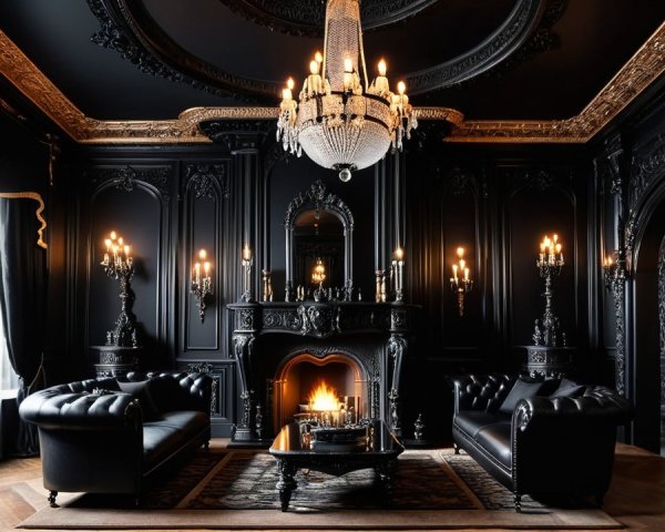 Luxurious Black Room with Elegant Furnishings and Details