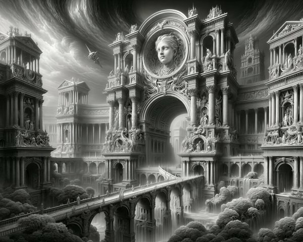 Grayscale Fantasy Metropolis with Roman and Greek Architecture