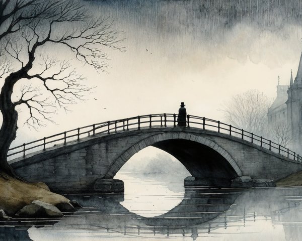 Misty Landscape with Stone Arch Bridge and Church