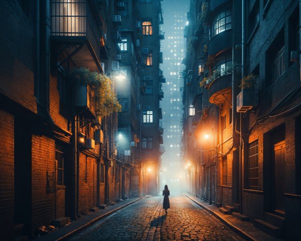 Mysterious Alleyway Scene with Fog and Streetlights