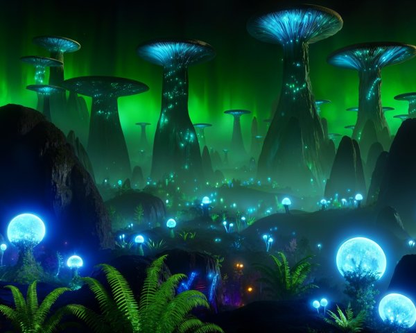 Vibrant Alien Landscape with Luminous Structures