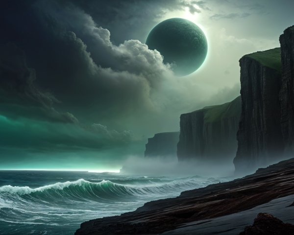 Dramatic Seascape with Cliffs and Cosmic Elements