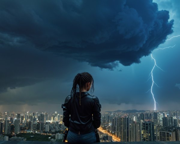 Woman on Rooftop Overlooking Stormy City Skyline