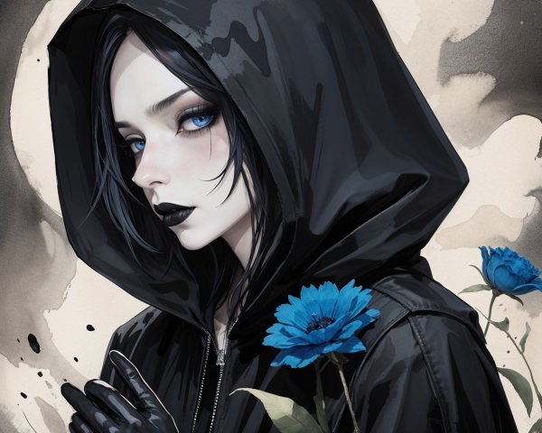 Mysterious Figure in Black Hooded Jacket with Blue Flowers
