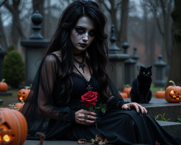 Gothic Scene of Woman in Black Gown Among Pumpkins