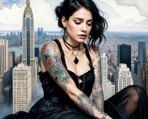 Young Woman in Black Dress Against City Skyline