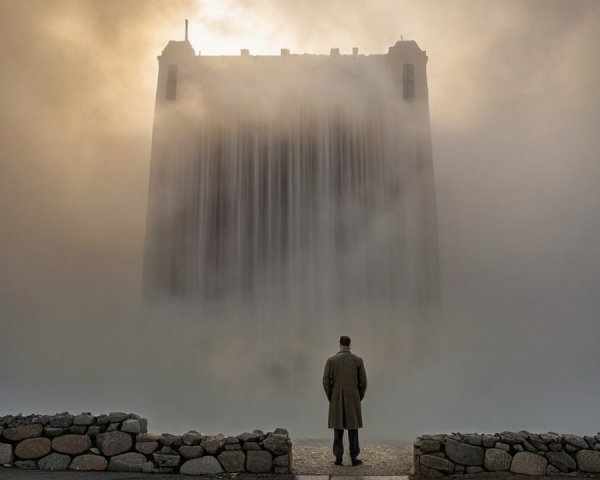 Solitary Figure Gazing at Misty Towering Structure
