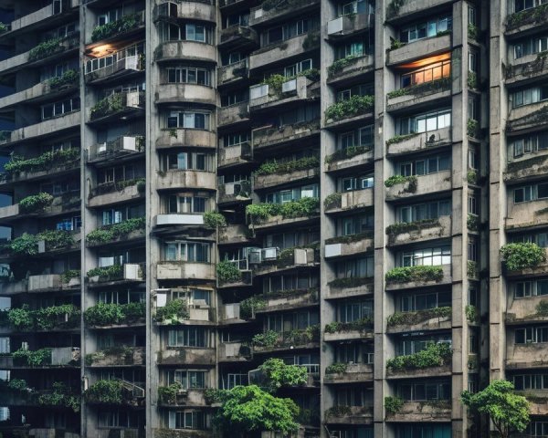Concrete High-Rise with Greenery and Twilight Skyline