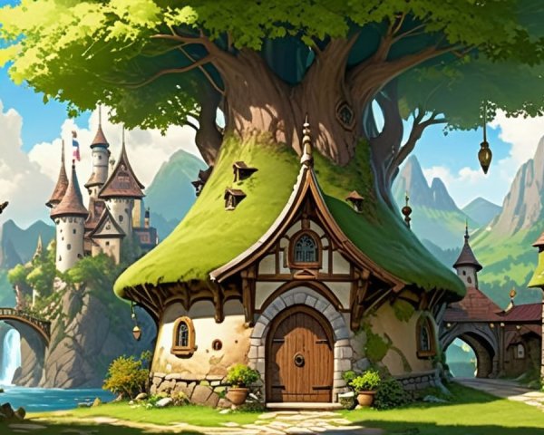 Whimsical Fantasy Village with Majestic Mountains and Castle
