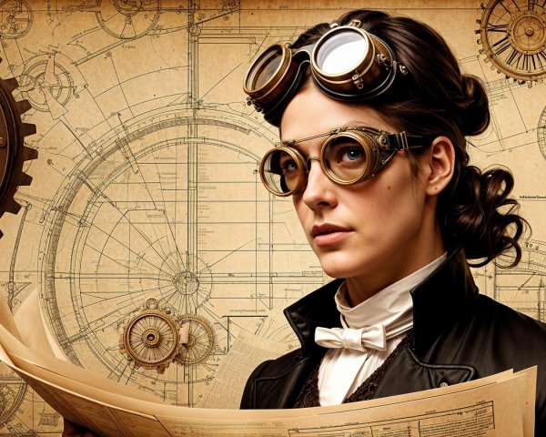 Woman in leather jacket with engineering blueprints