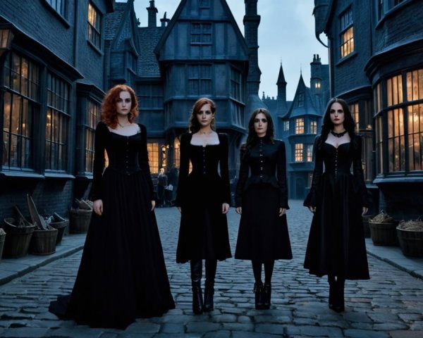 Victorian Women in Dark Dresses on Cobblestone Street