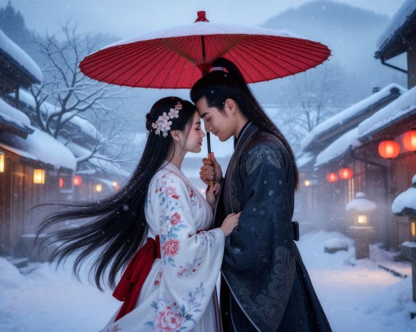 Young Asian couple under red umbrella in snowy alley