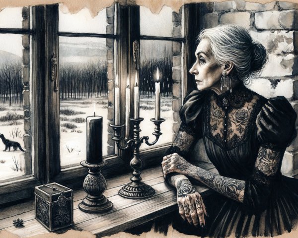 Elderly Woman with Tattoos by Candlelit Window