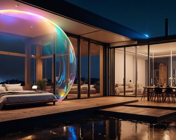 Modern Bedroom with Panoramic Night Views and Design Elements
