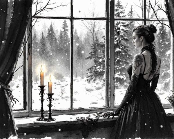 Woman in Black Gown by Window in Snowy Landscape