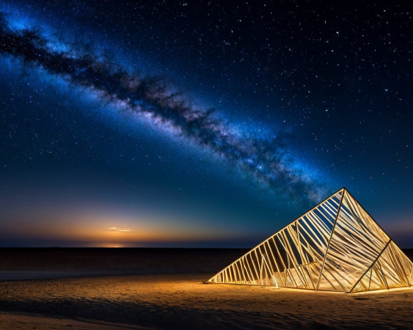 Pyramidal Wooden Structure on Beach Under Starry Sky