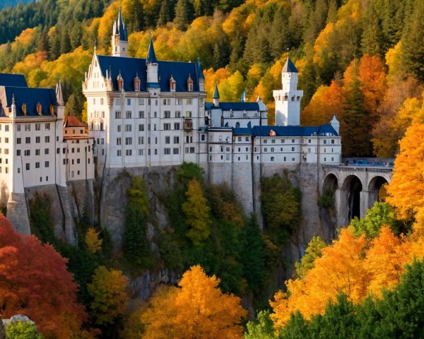Fairy Tale Castle on Rocky Cliff with Autumn Foliage