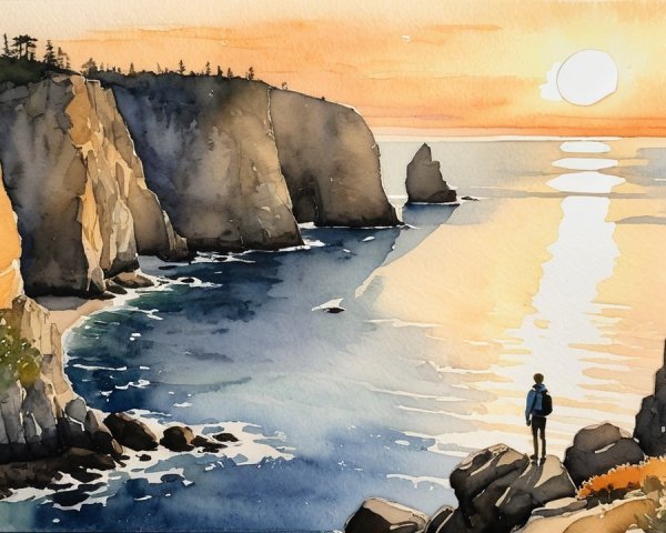Watercolor Scene of Solitary Figure at Sunset