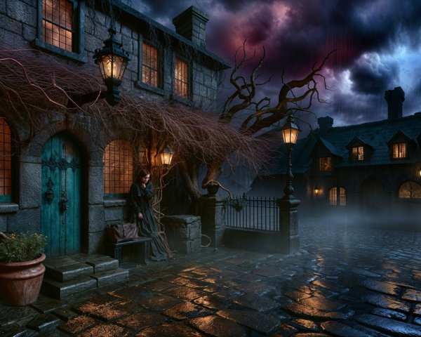 Eerie Twilight Street Scene with Cobblestone Paths