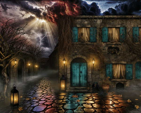 Moody Cobblestone Street with Leafless Trees and Mist