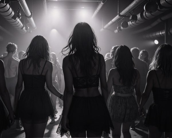 Elegant Women in Dark Outfits at Dimly Lit Venue