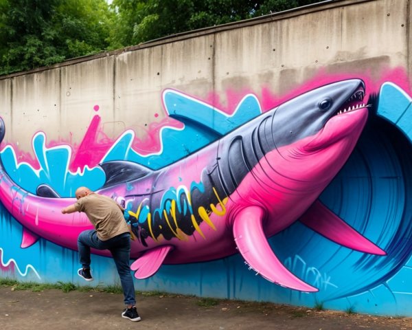 Vibrant Mural of Oversized Shark in Circular Tunnel