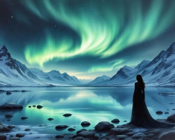 Woman in black dress by lake under aurora borealis