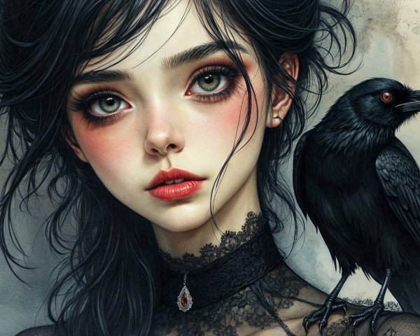 Young Woman in Lace with Raven in Mysterious Setting