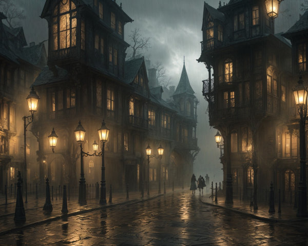 Gothic Street Scene with Mist and Rainy Atmosphere