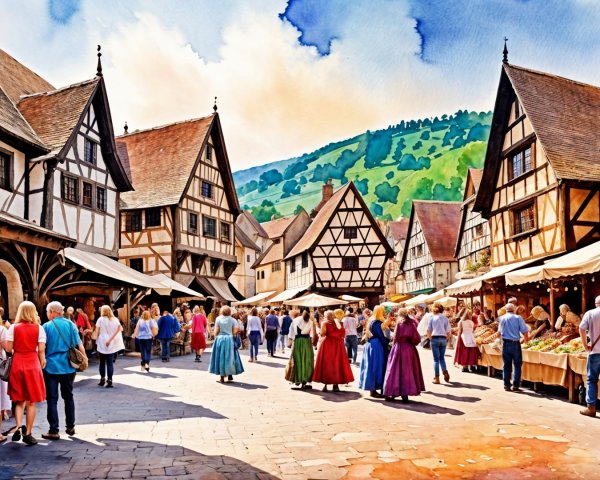 Vibrant Market Scene in Picturesque Village Setting