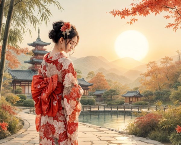 Woman in Red Kimono by Tranquil Pond at Sunset