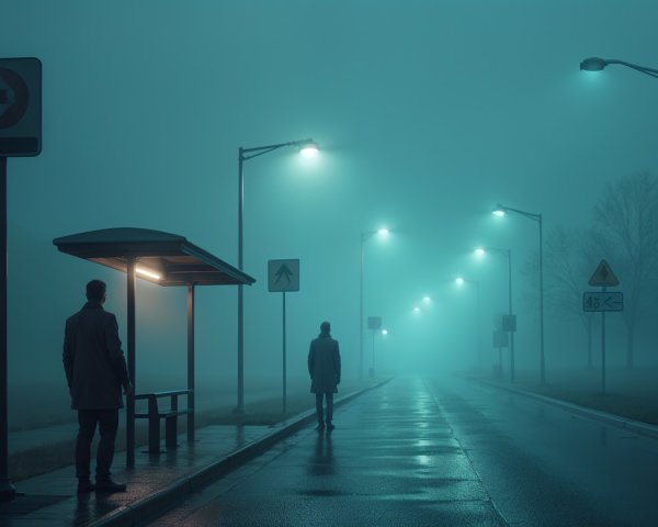 Foggy Bus Stop Scene with Dim Lighting and Trees