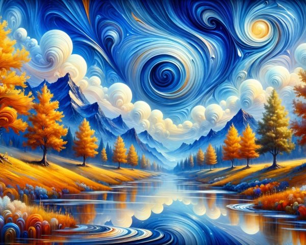 Vibrant Landscape with Swirling Skies and Mountains