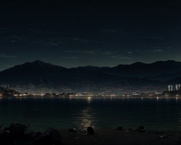 Serene Night Scene by a Lake with Mountains and City Lights