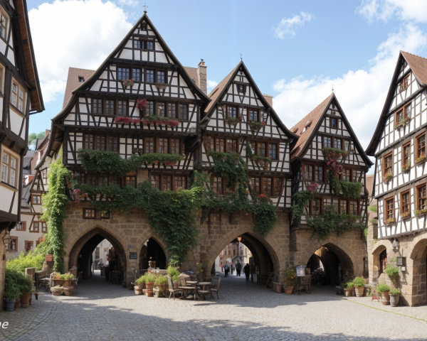 Medieval Village with Half-Timbered Houses and Cobblestones
