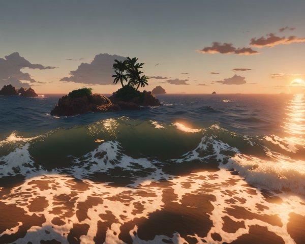 Coastal Sunset with Waves and Island Silhouette