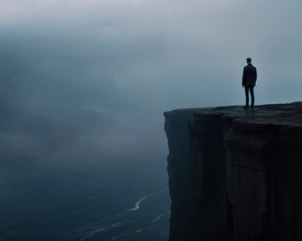 Solitary Figure on Cliff Overlooking Misty Sea