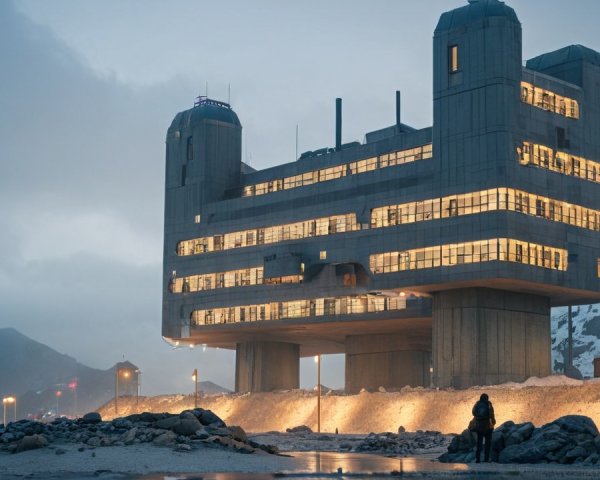 Modern building on stilts by rocky shore with mountains