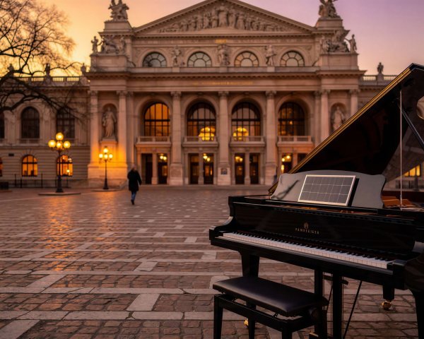 Black Piano on Cobblestone Street at Sunset