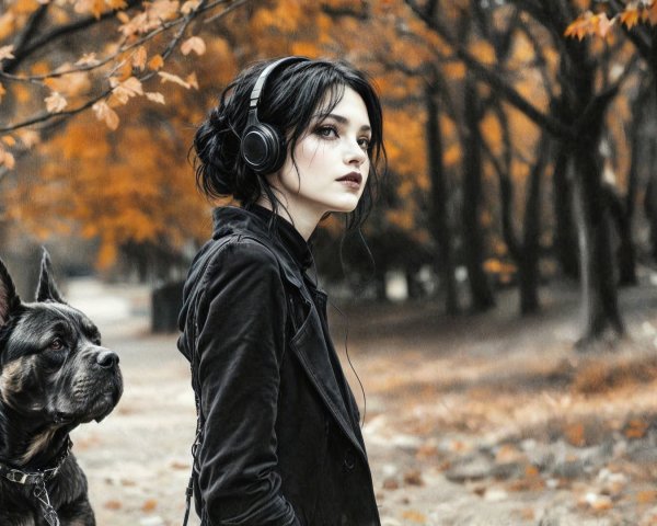 Young Woman with Dog in Autumn Landscape