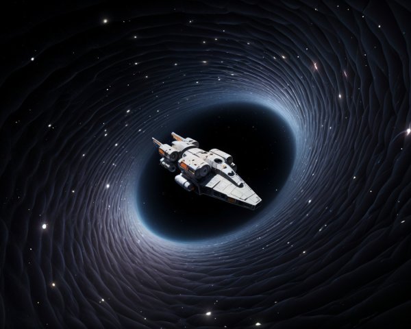 Sleek Spaceship Navigating a Swirling Black Hole