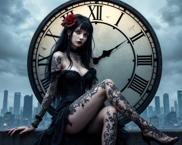 Gothic Figure Against Urban Skyline and Clock