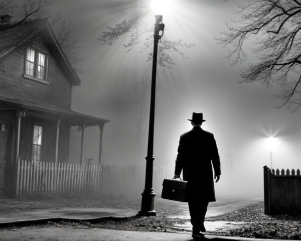 Mysterious Figure in Foggy Street with Briefcase
