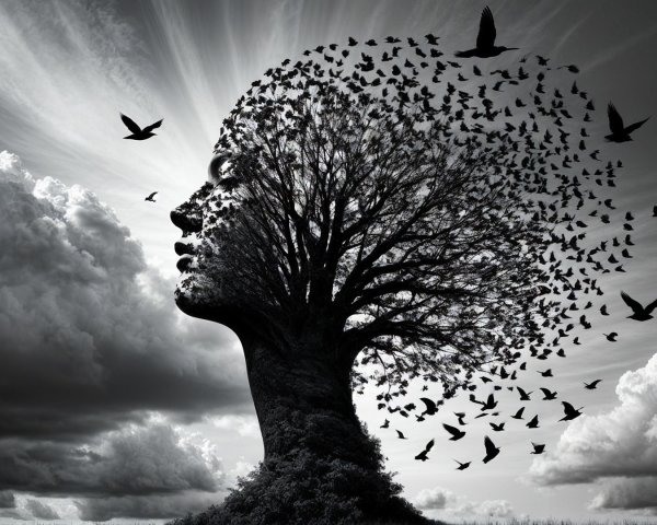 Surreal Transformation of Woman into Tree and Birds