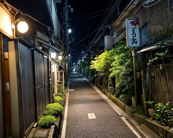 Narrow Alleyway with Wooden Buildings and Lanterns