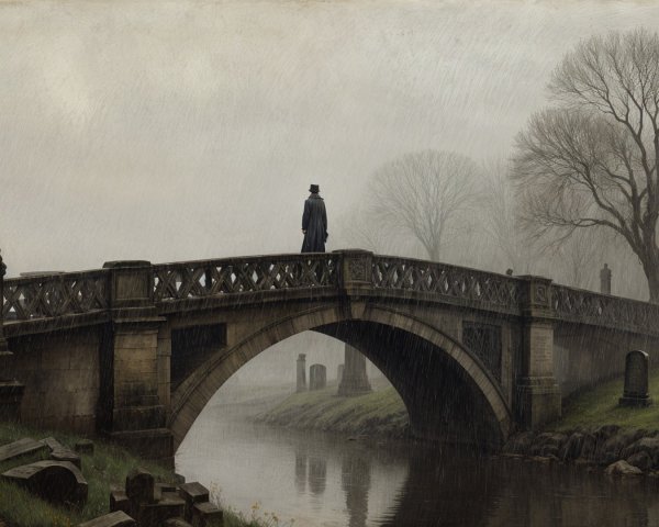 Solitary Figure on a Misty Stone Bridge Landscape