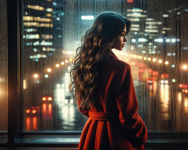 Woman in Red Coat by Rain-Speckled Window