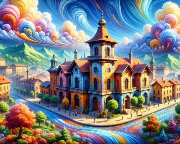 Vibrant Fantastical Landscape with Colorful Architecture